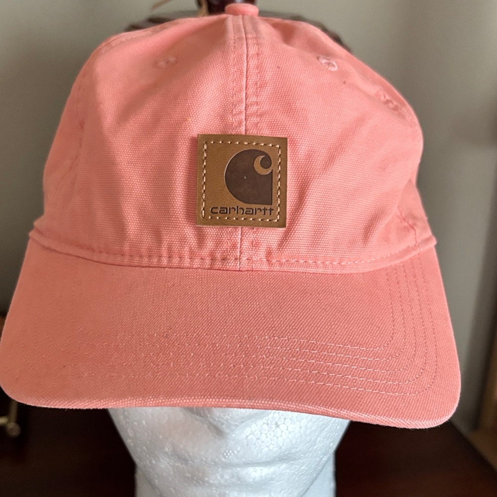Carhartt Adjustable Canvas Salmon Pink Color Logo Wicking Workwear Cap.  EUC